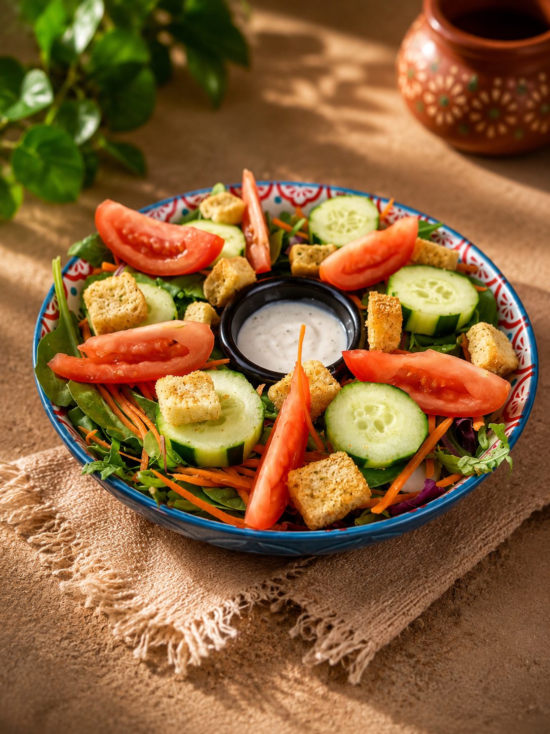 Ensalada campestre con lechugas, jitomate, pepino, zanahoria y crotones