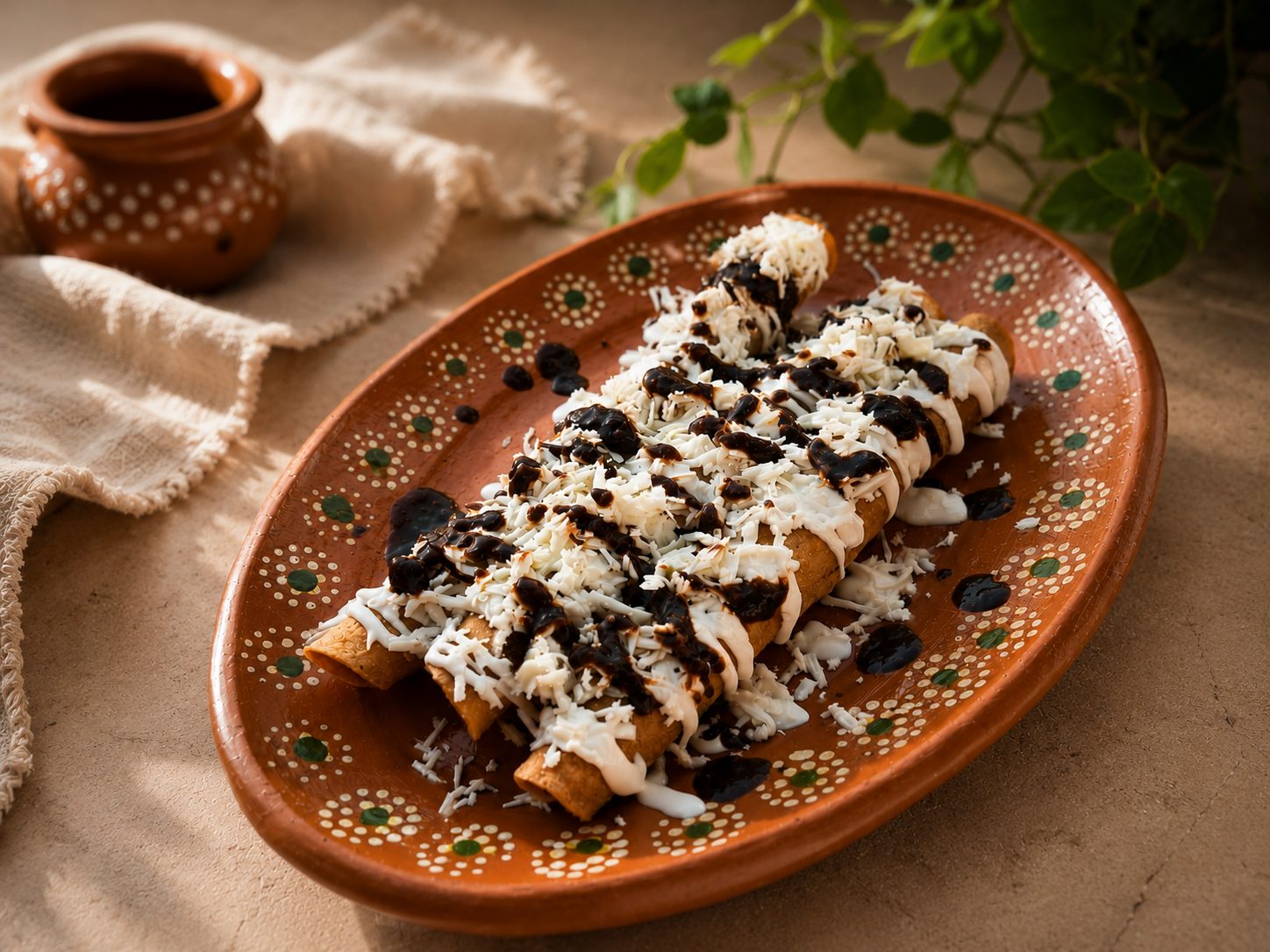 Flautas de barbacoa de borrego con crema, queso y salsa de pasilla