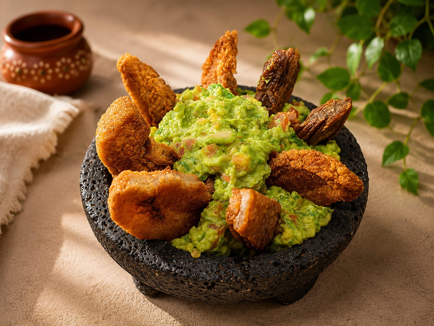 Molcajete Monterrey con guacamole y chicharrón