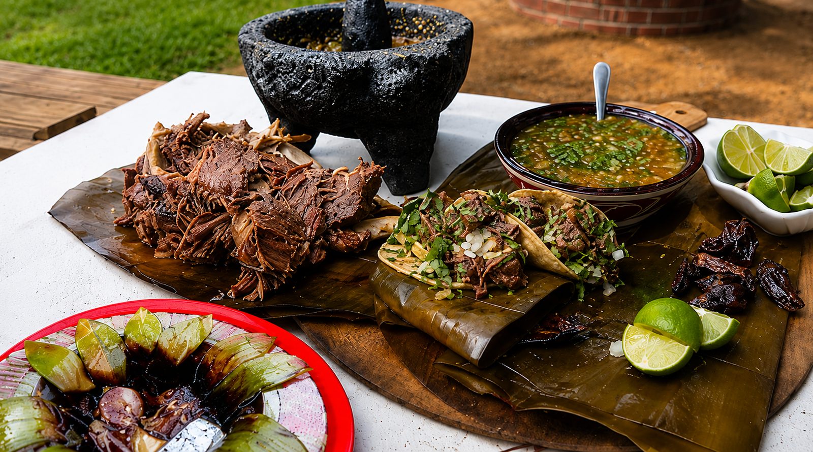 Barbacoa de borrego estilo Hidalgo con tacos, consomé y molcajete
